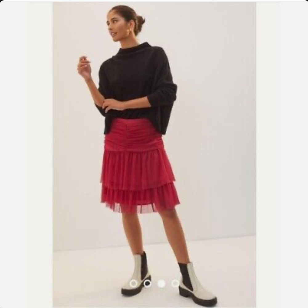 Anthropologie Maeve Tiered Tulle Mini Skirt in Raspberry